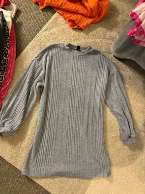 Light Gray Ribbed Knit Sweater Dress
